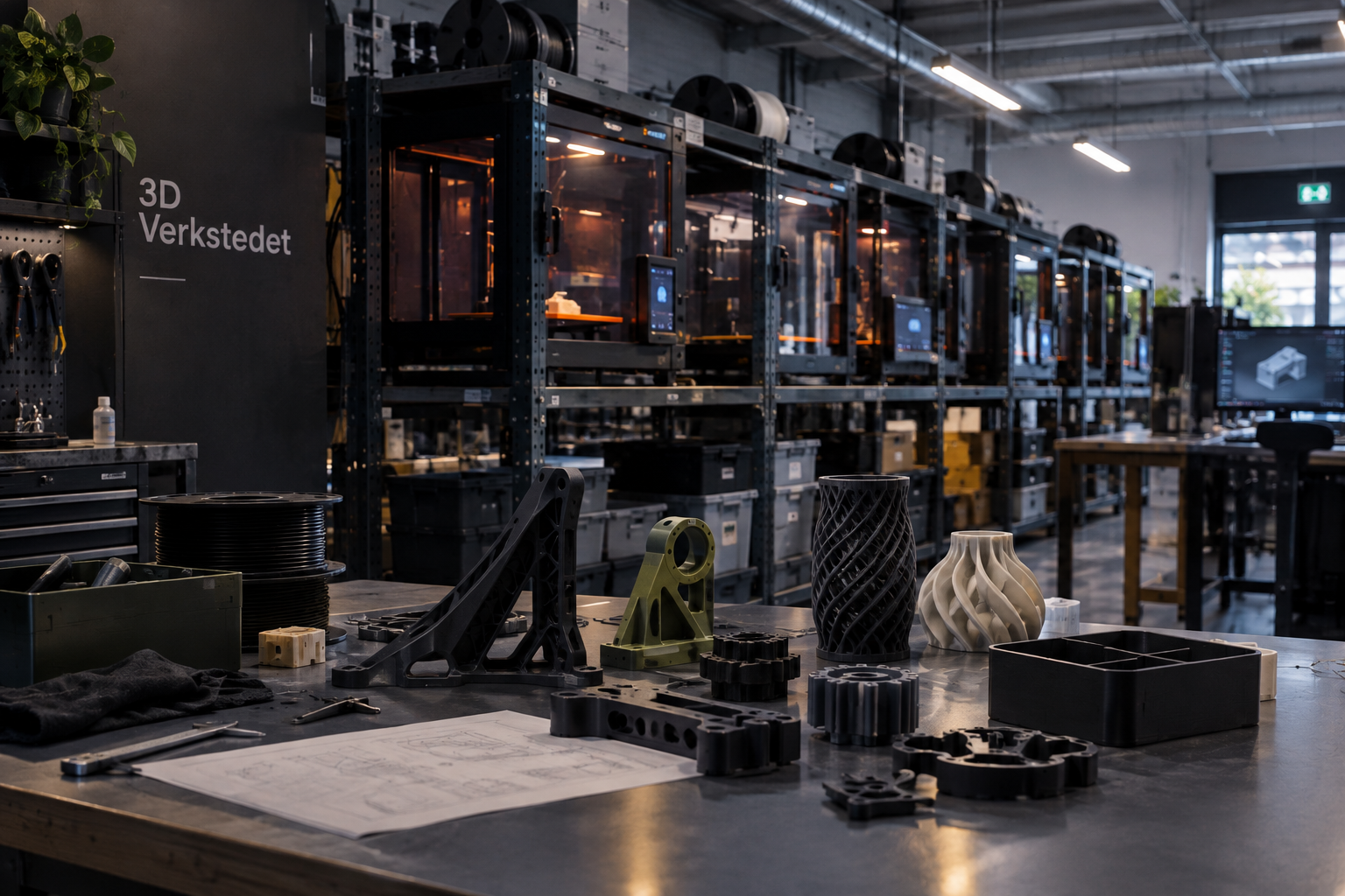 3D-verkstedet med FDM-printere og ferdige 3D-printede deler
